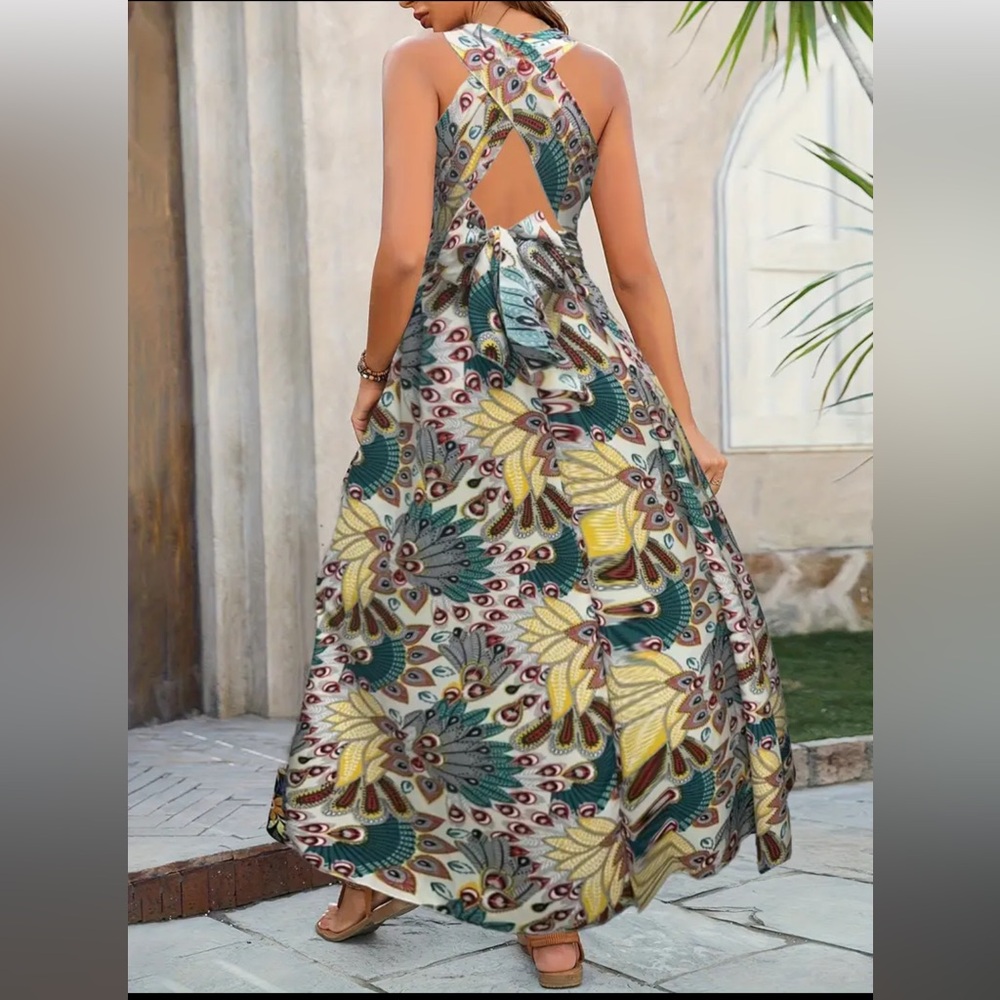 Feather Print Cross Strap Sleeveless High Waist Dress - Picture 14 of 14
